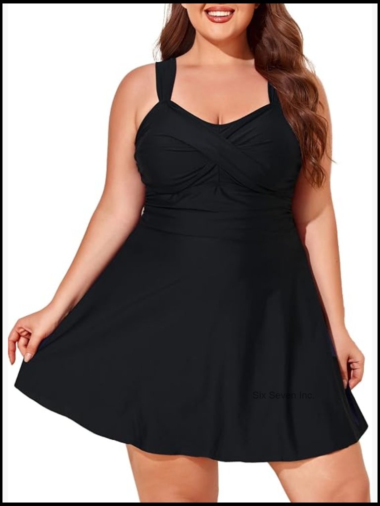 Plus Size Two Piece Tankini Swim Dress With Shorts, V-Neck, Adjustable Straps